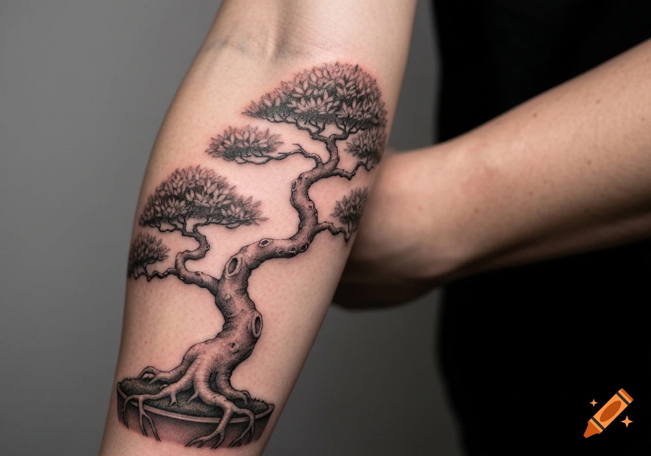Detailed black and white tattoo of a bonsai tree in a pot on a person's forearm.