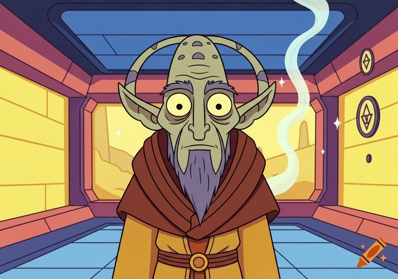 Cartoon depiction of Zathras, a green-skinned alien with large eyes and long ears, wearing brown and yellow robes in a futuristic corridor.