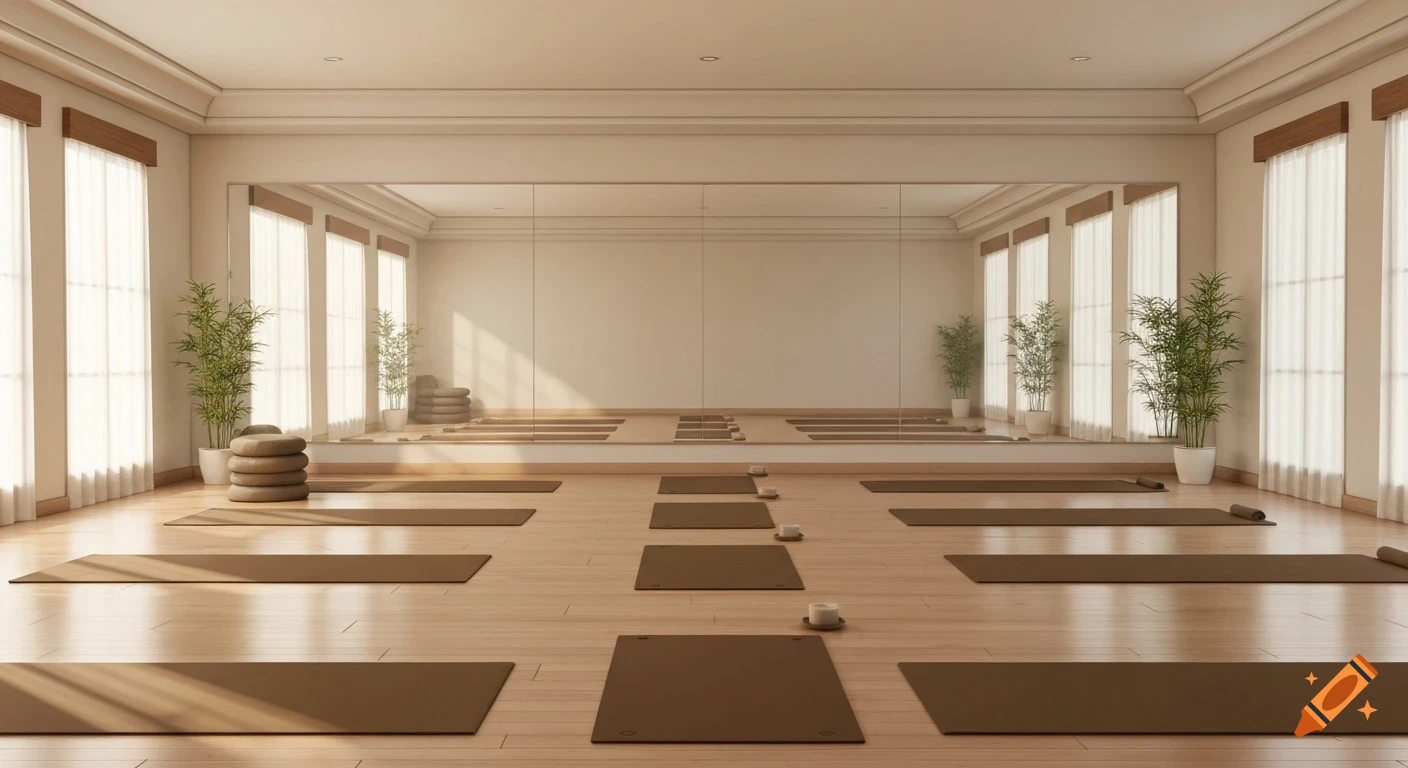 A serene yoga studio with a wooden floor, numerous brown yoga mats, potted bamboo plants, and a large mirror reflecting the space.
