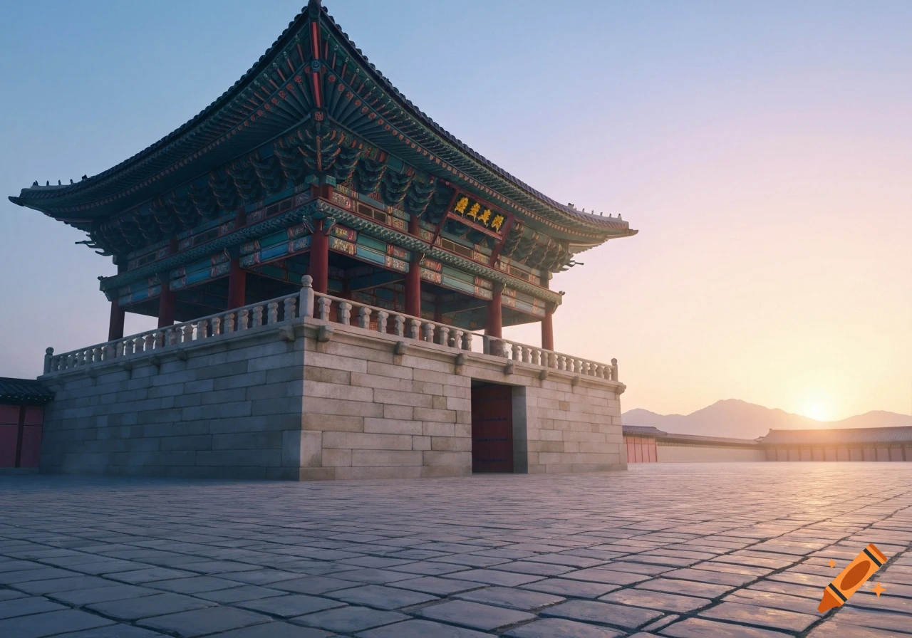 A traditional Korean palace gate with colorful details on its roof and pillars, bathed in golden sunrise light over a tiled courtyard.