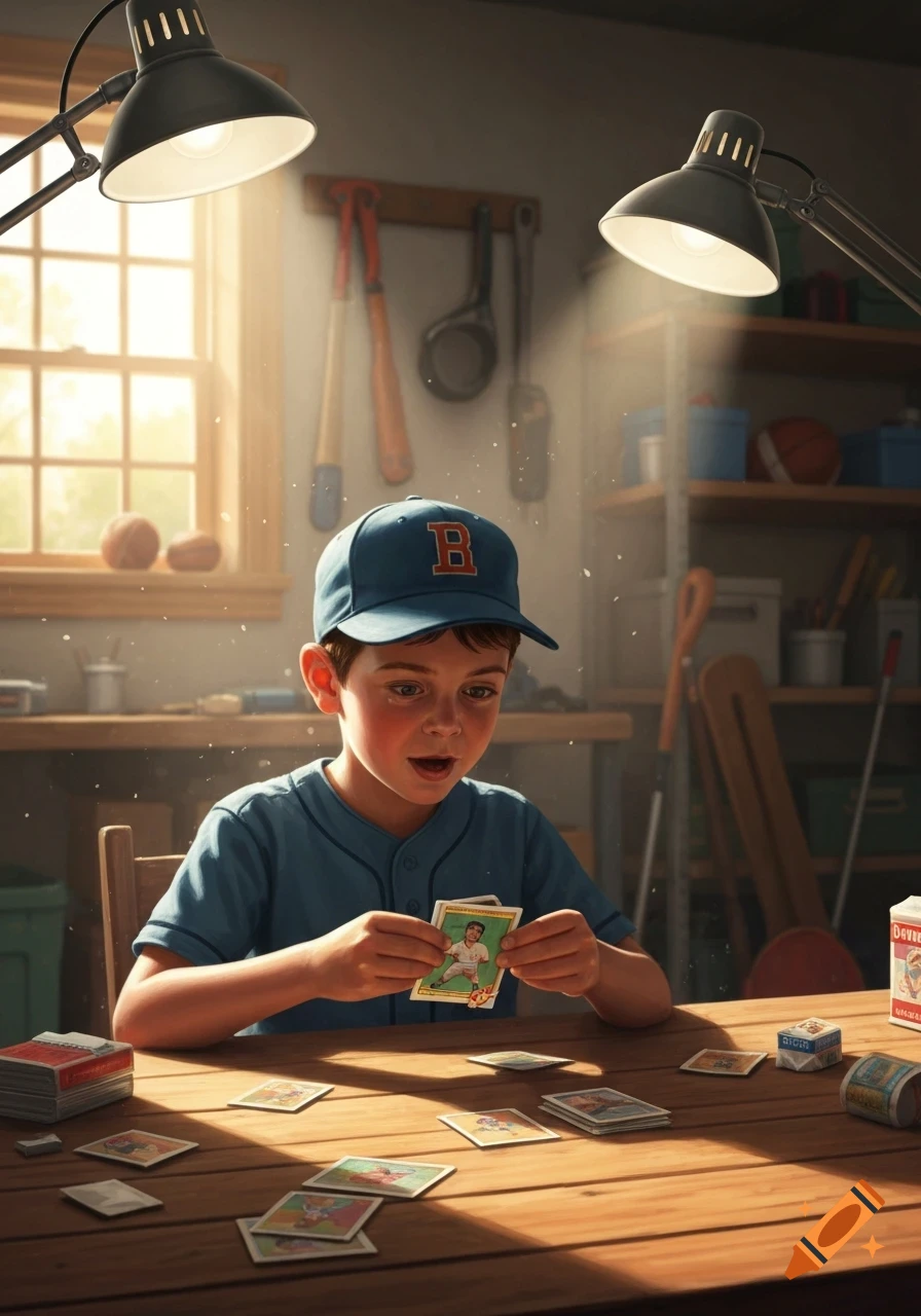 A photorealistic image of a young boy in a blue baseball cap and shirt, excitedly examining a baseball card at a wooden table.