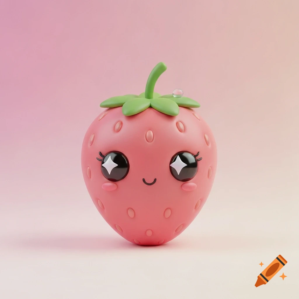 A cute 3D rendered pink strawberry with big shiny black eyes, a small smile, and a green stem, on a pink gradient background.