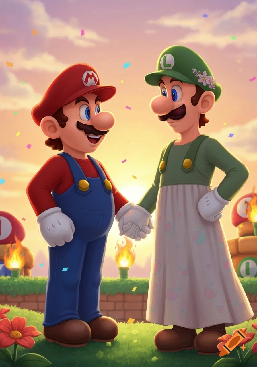 Mario in overalls and Luigi in a dress and hat hold hands, smiling amidst confetti in a vibrant outdoor scene.