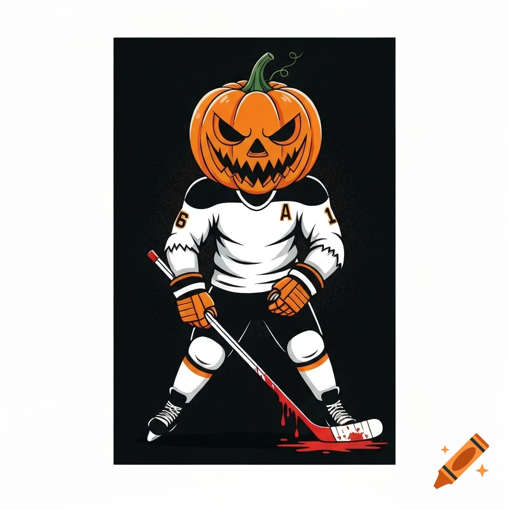 A cartoon pumpkin-headed hockey player in a white and black jersey holds a bloody hockey stick.