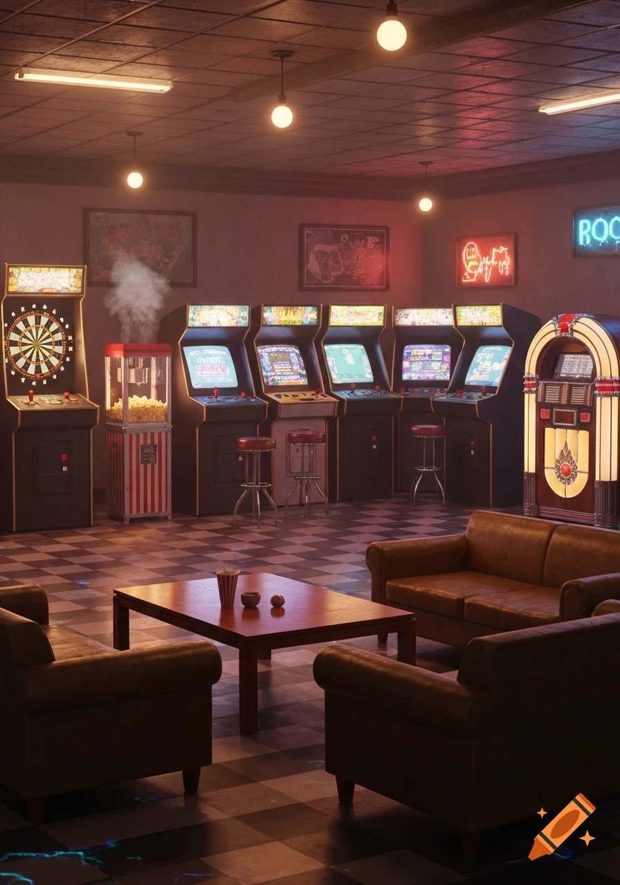 An interior view of a dimly lit retro arcade hall featuring dartboard, popcorn machine, several arcade cabinets, a jukebox, and a lounge area.