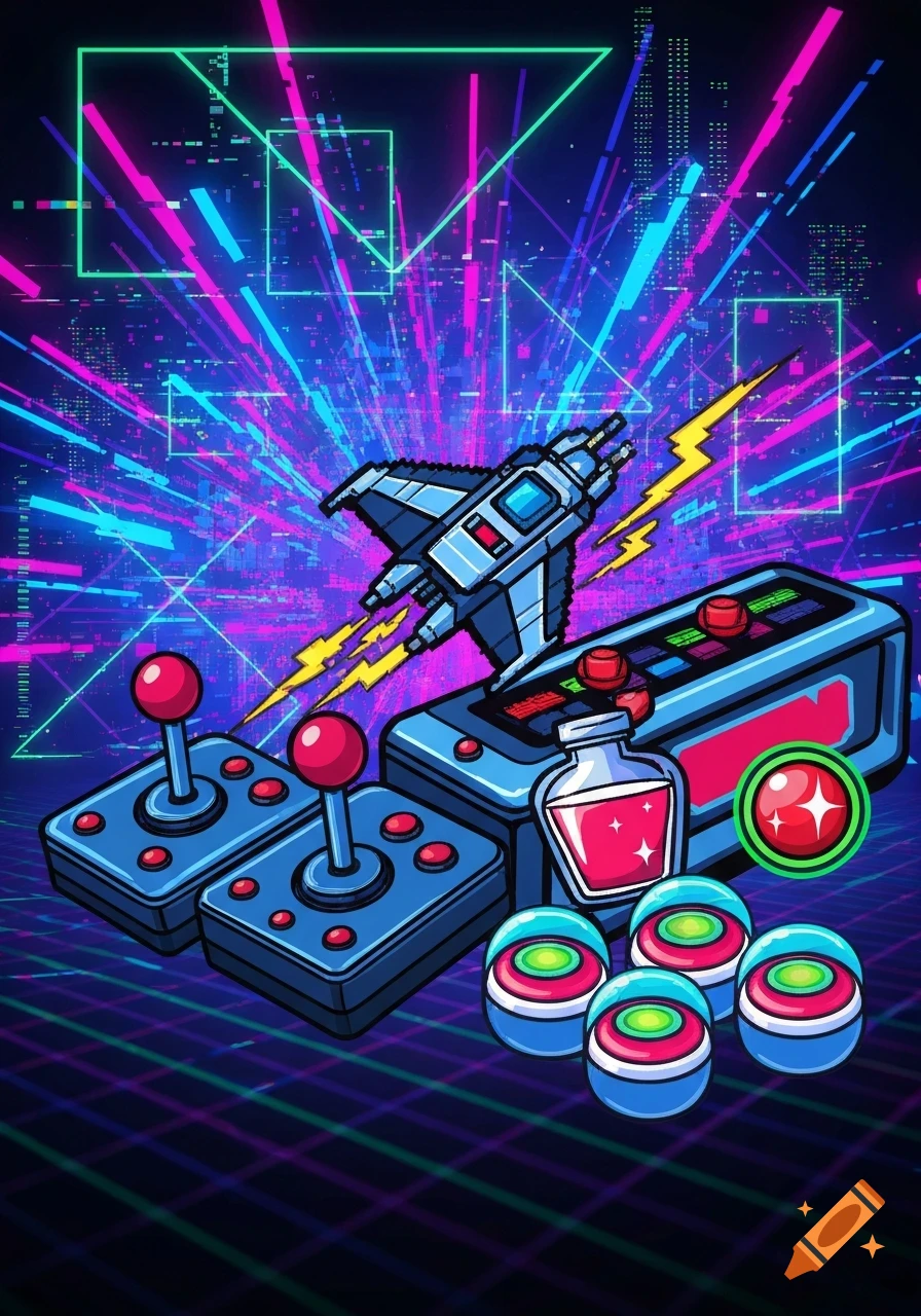 A pixelated spaceship, two joysticks, a potion bottle, and power-up orbs against a neon, glitchy retro gaming background.