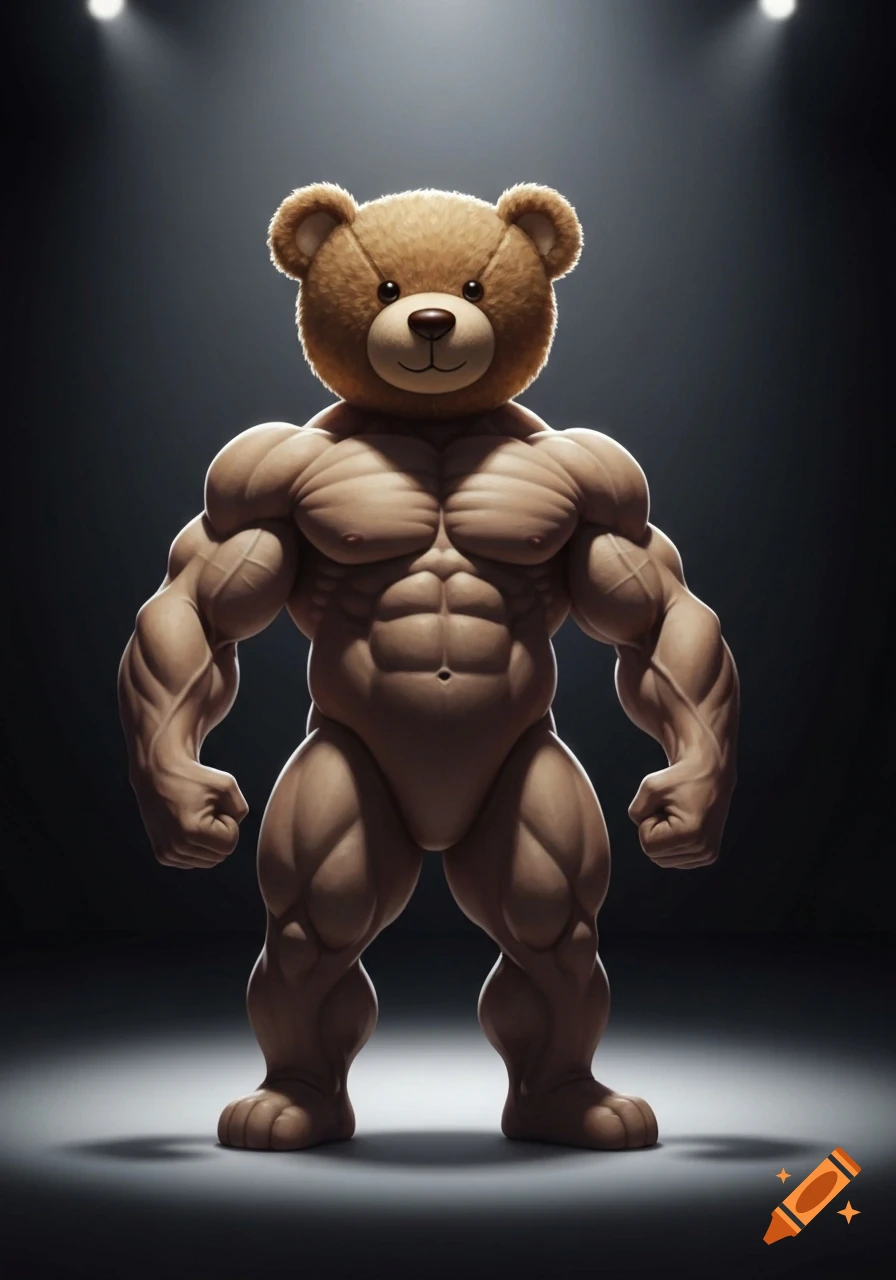 A teddy bear with a tiny head and a huge muscular body stands in a spotlight.