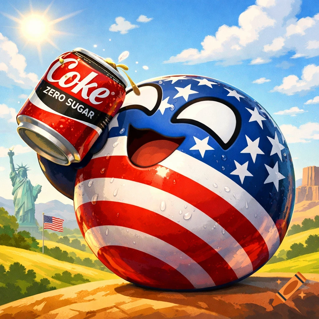 A happy, cartoonish Countryball USA character holds a Coke Zero Sugar can in a sunny landscape with the Statue of Liberty.