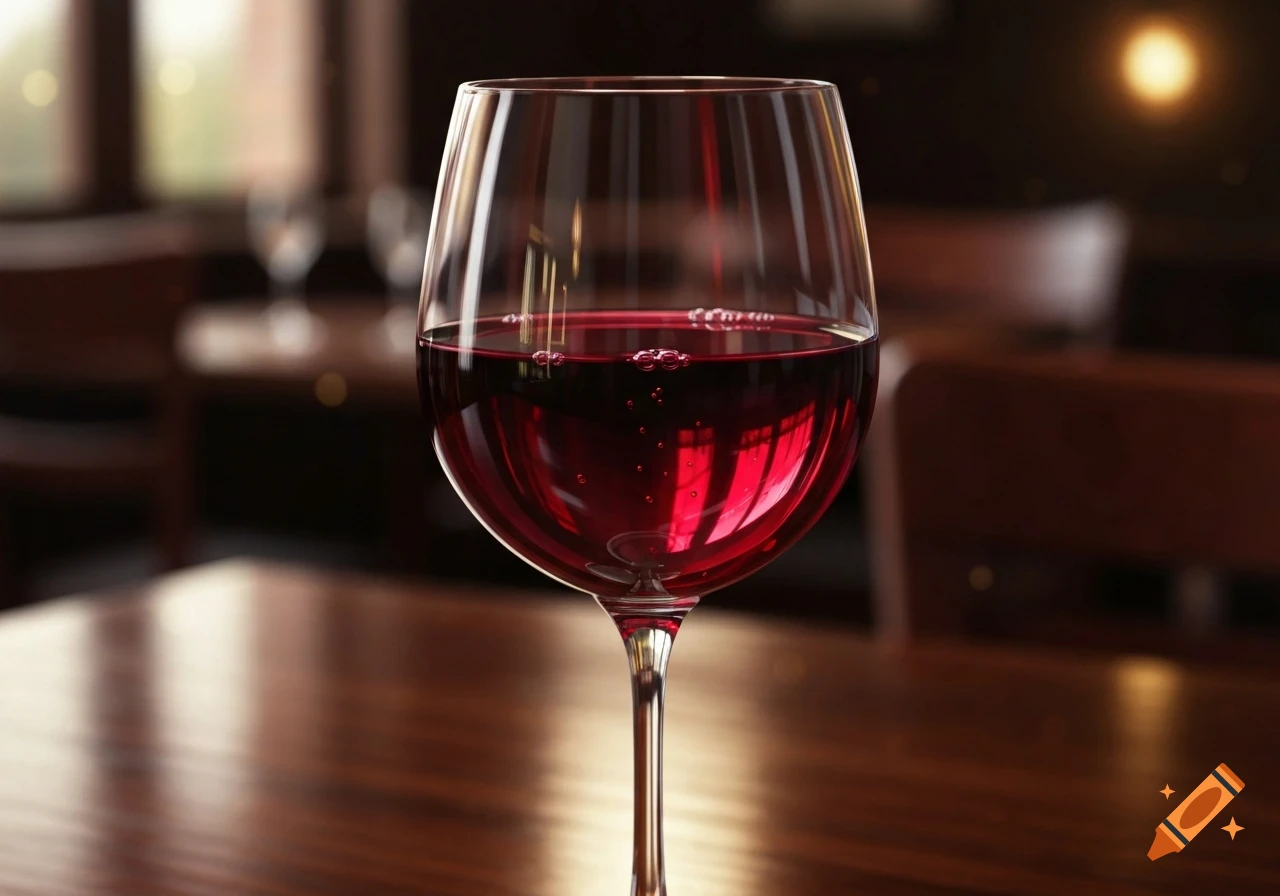 A photorealistic close-up of a full glass of red wine on a wooden table, with a blurred restaurant background.