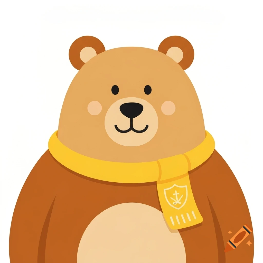 A cute brown cartoon bear wears a yellow scarf with a small white emblem, set against a white background.