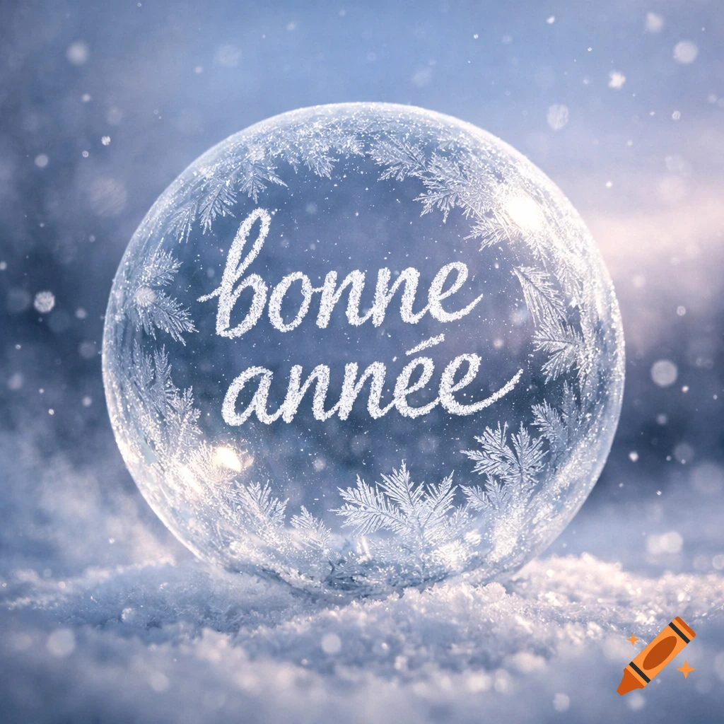 Frozen bubble with 'bonne année' written inside, surrounded by snow and ice crystals in a bright winter setting.