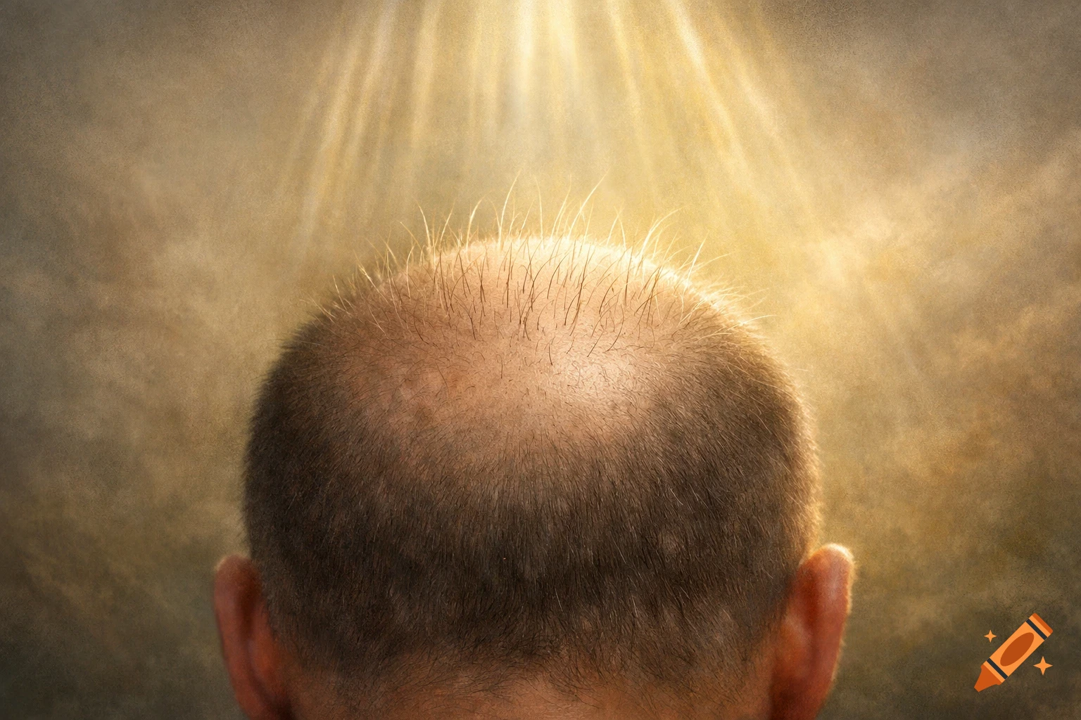 The back of a partially bald human head with brown hair, illuminated by bright light rays shining down from above.