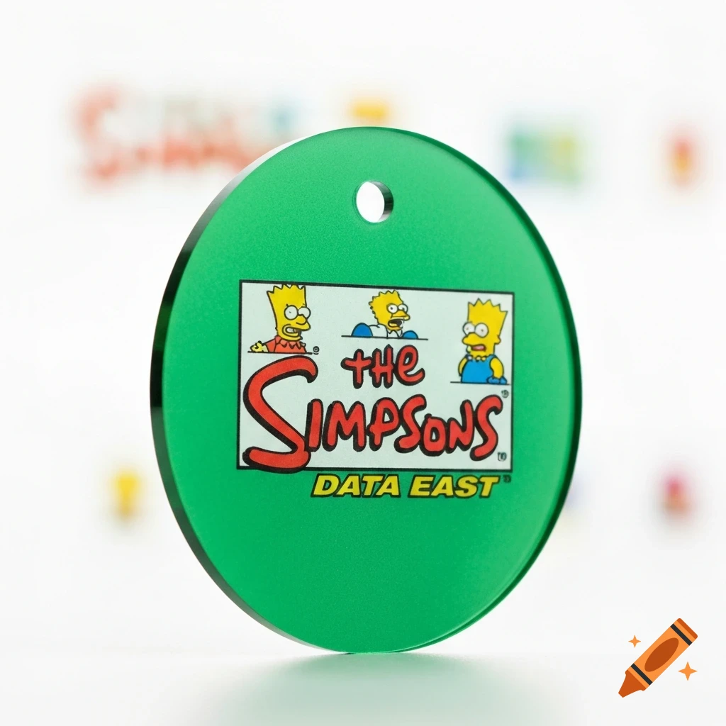 A close-up of a vibrant green, circular keychain featuring a cartoon logo of "The Simpsons" with Bart Simpson's head and "DATA EAST" printed below.