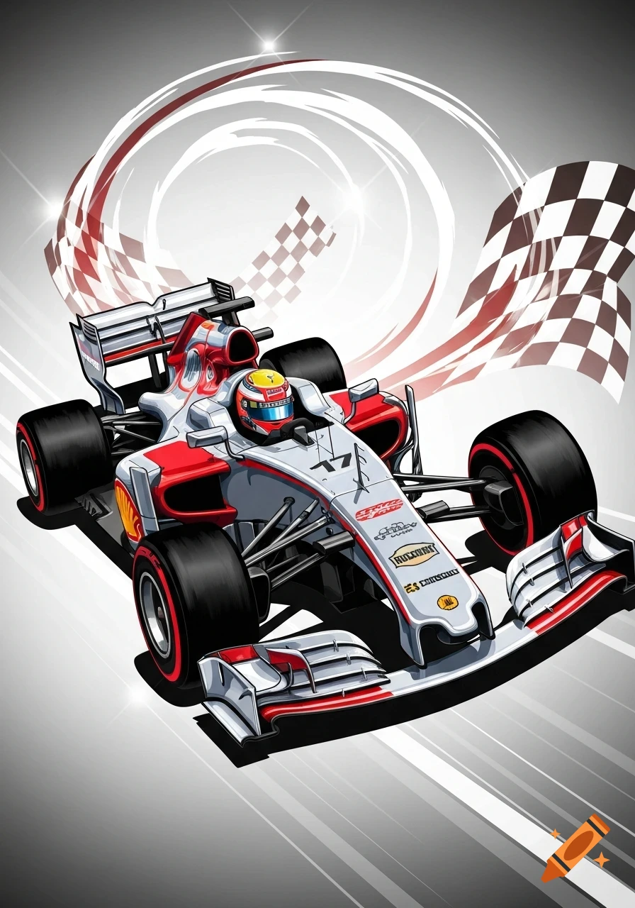 A white and red Formula 1 racing car with a driver, featuring a checker flag and dynamic streaks in the background, in a clipart style.