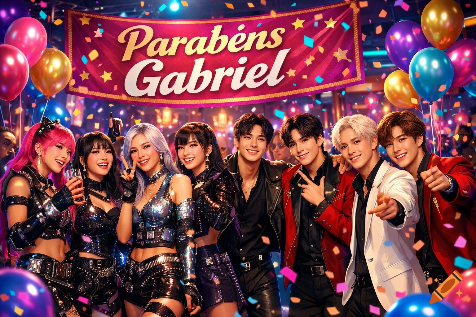 K-pop style men and women pose cheerfully at a vibrant birthday party with balloons, confetti, and a 'Parabéns Gabriel' banner.