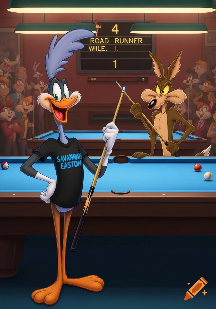 Road Runner holding a pool cue, smiling, wearing a t-shirt with "Savannah Easton" in a pool club. Wile E. Coyote stands behind a pool table, looking annoyed, with other Looney Tunes characters watching. A scoreboard shows Road Runner 4, Wile E. 1.
