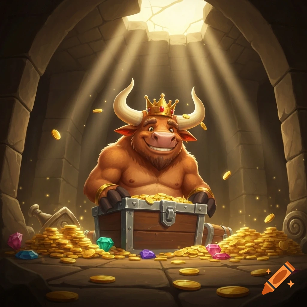 A smiling cartoon minotaur king with a crown sits in a dungeon, behind a treasure chest overflowing with gold and gems, with light streaming from above.