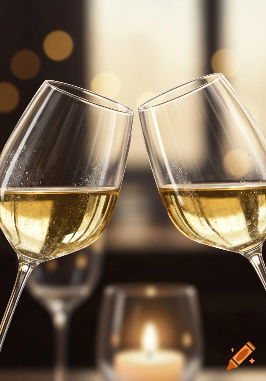 Two wine glasses with white wine toasting against a warm, blurred background with bokeh lights and a candle.
