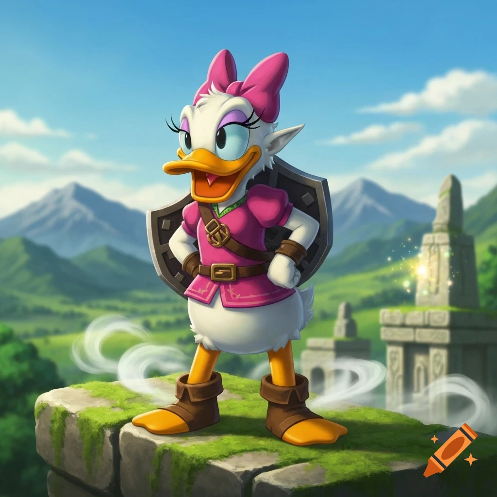 Cartoon Daisy Duck as an elf-eared warrior with a pink tunic and shield, standing on a mossy ruin overlooking a fantasy landscape.