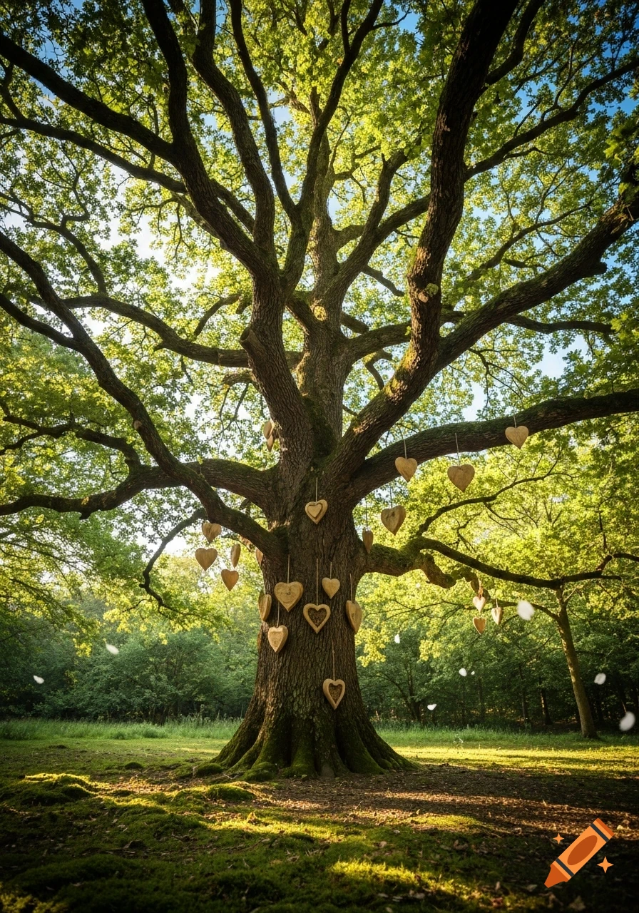 A large oak tree in a sun-dappled forest with numerous wooden heart-shaped ornaments hanging from its branches.