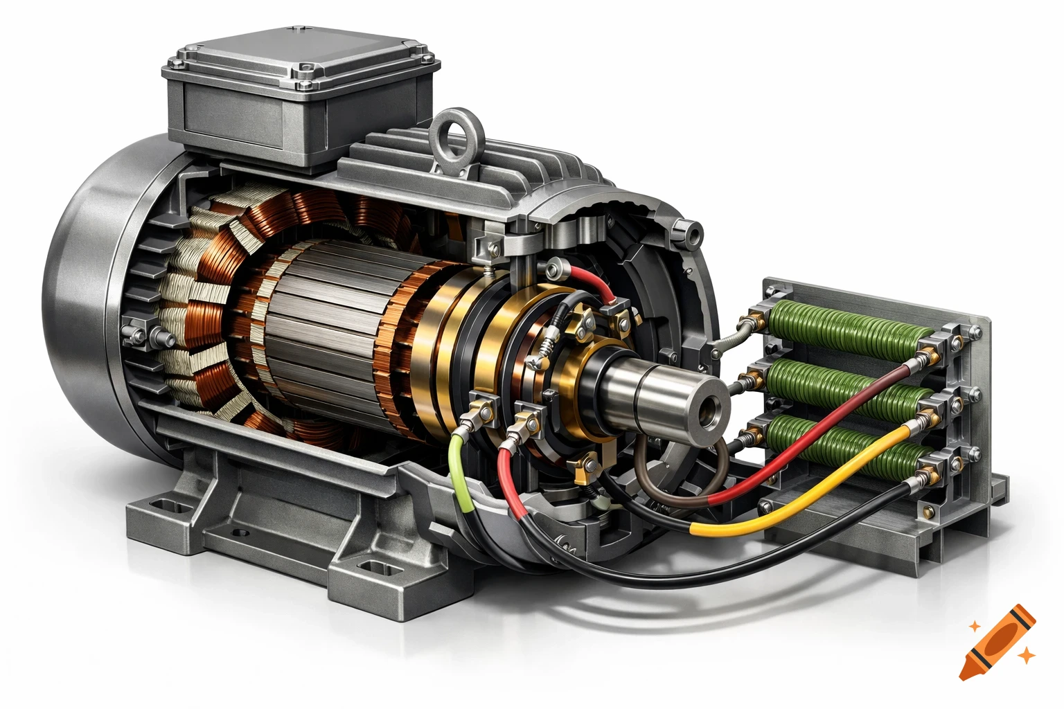 Photorealistic cutaway view of a 3-phase slip ring induction motor, showing internal rotor, windings, and external resistors.