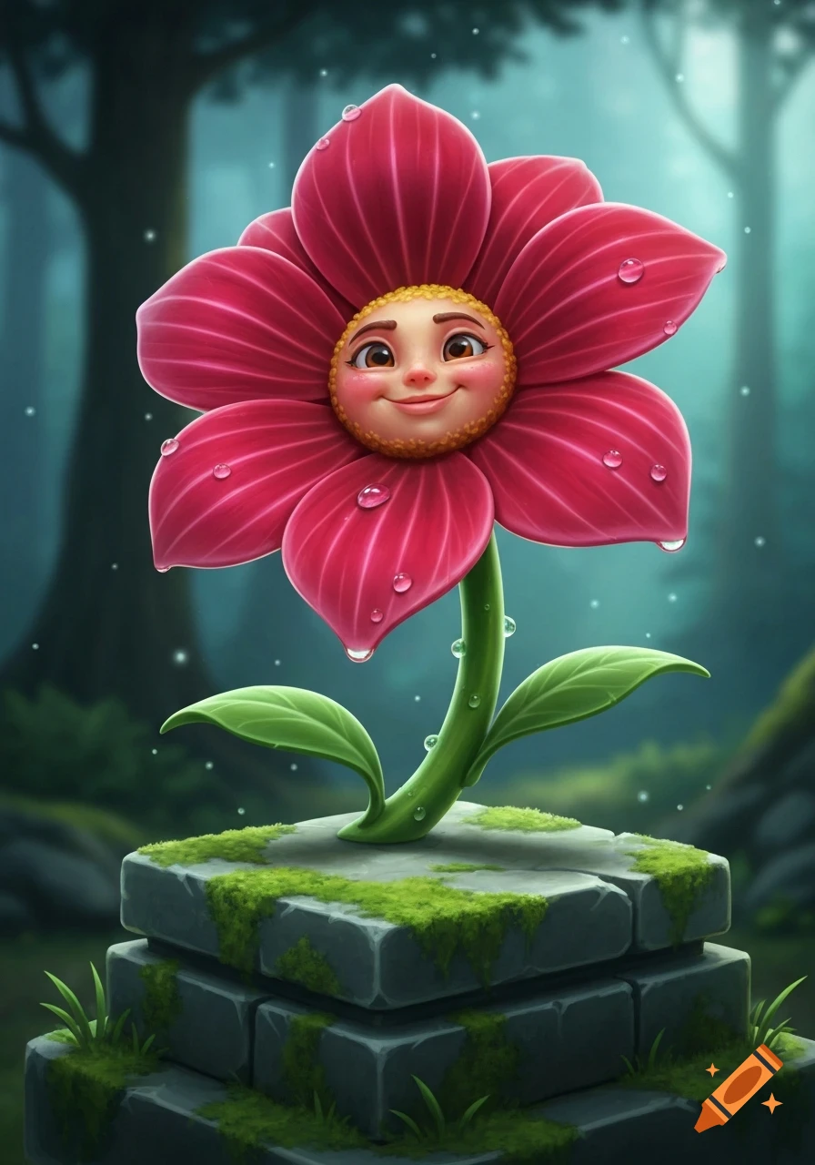 A smiling pink flower with a human face stands on moss-covered stone blocks in a misty forest, covered in dewdrops.