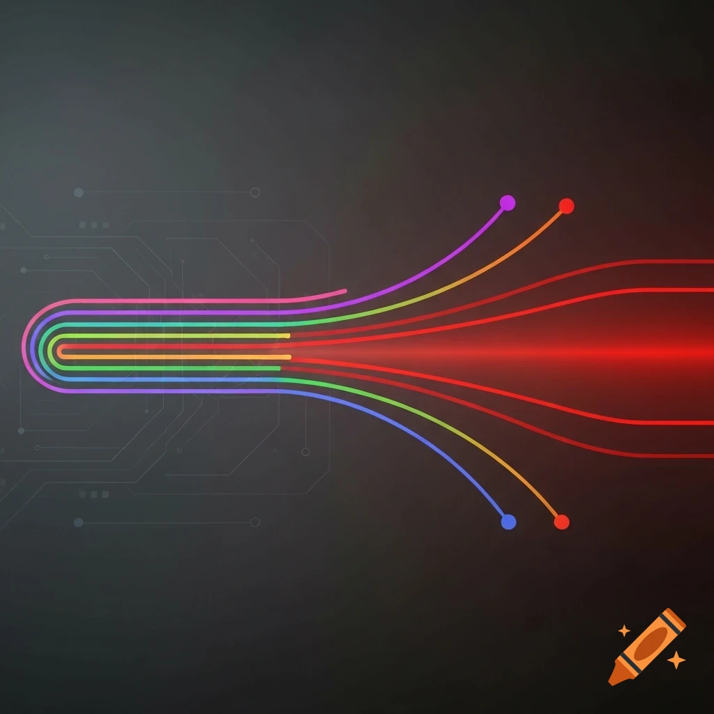 Seven colorful data streams merge into a single red light beam on a dark, circuit board patterned background.