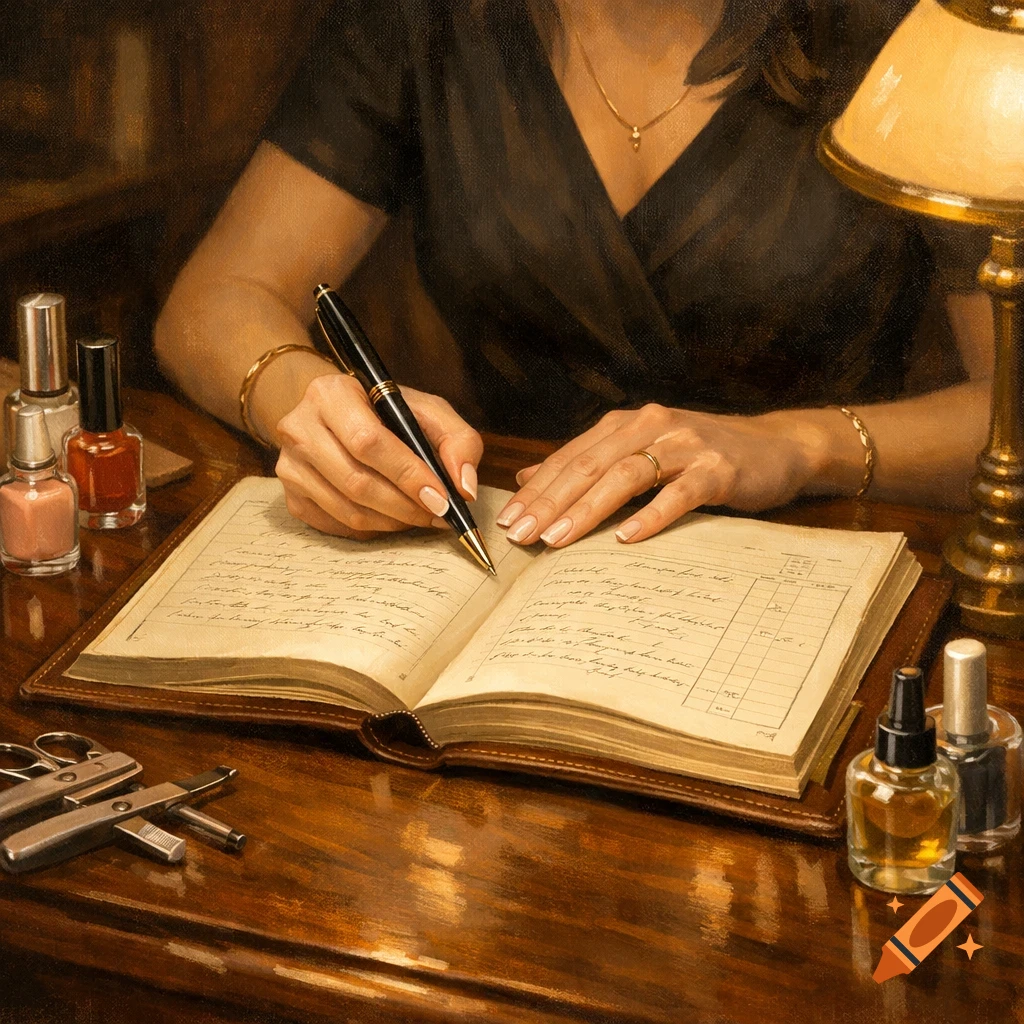 A woman's hands write in an open ledger on a wooden desk, with nail polish bottles and a lamp, in a painterly style.