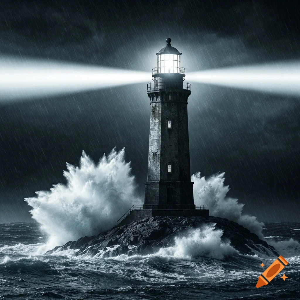 A photorealistic lighthouse on a rocky outcrop emits bright beams of light during a severe rainstorm, with huge waves crashing around it.