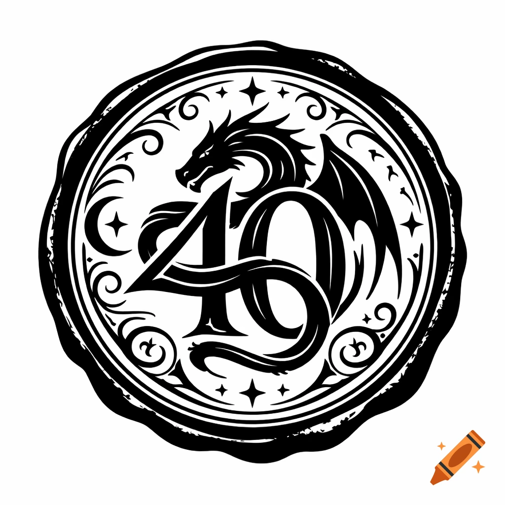 A black and white fantasy logo featuring a stylized dragon entwined with the number 40, set within a decorative circular border.