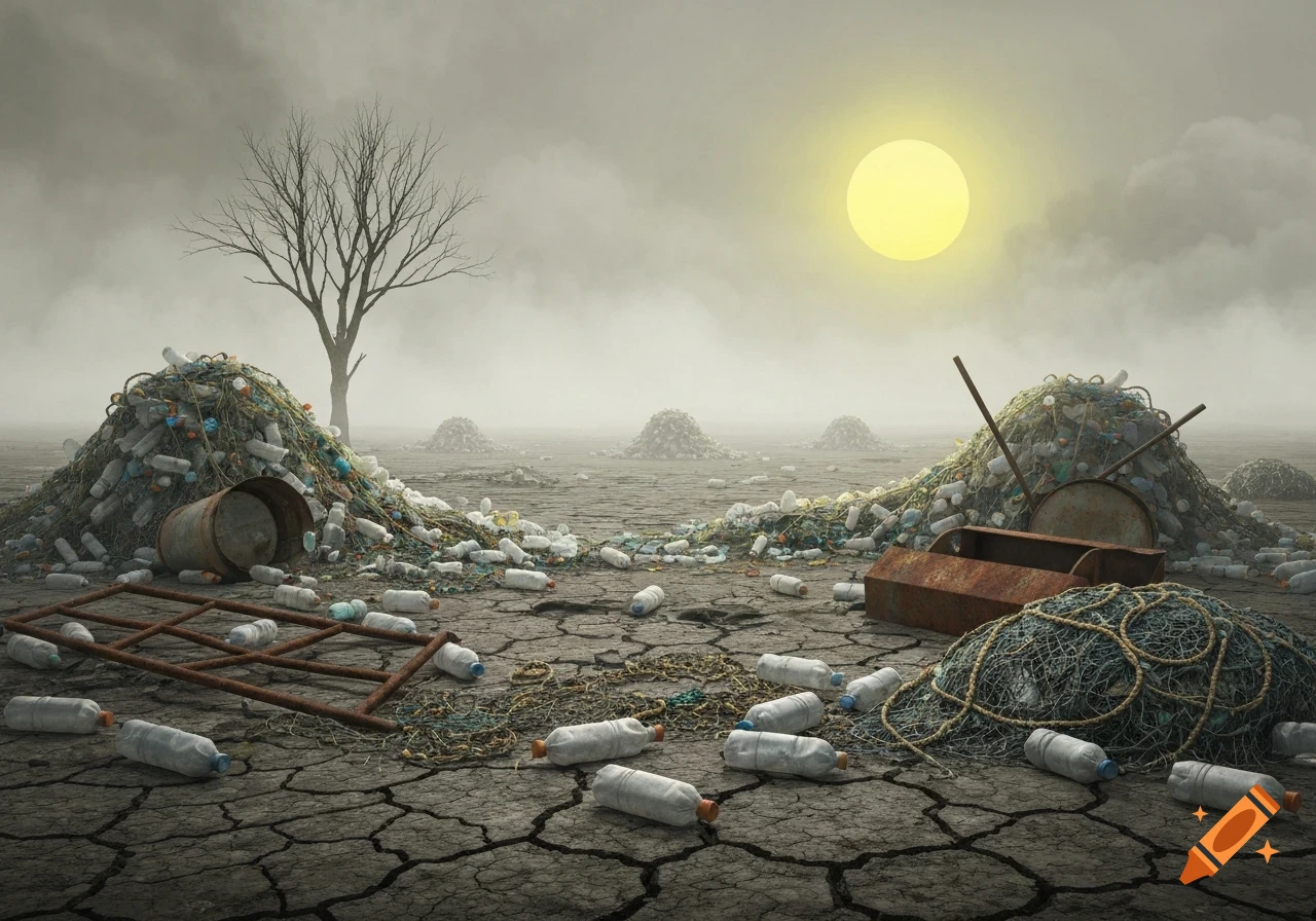 A desolate, cracked landscape covered in piles of plastic bottles, fishing nets, and rusted debris under a hazy sky with a pale sun.