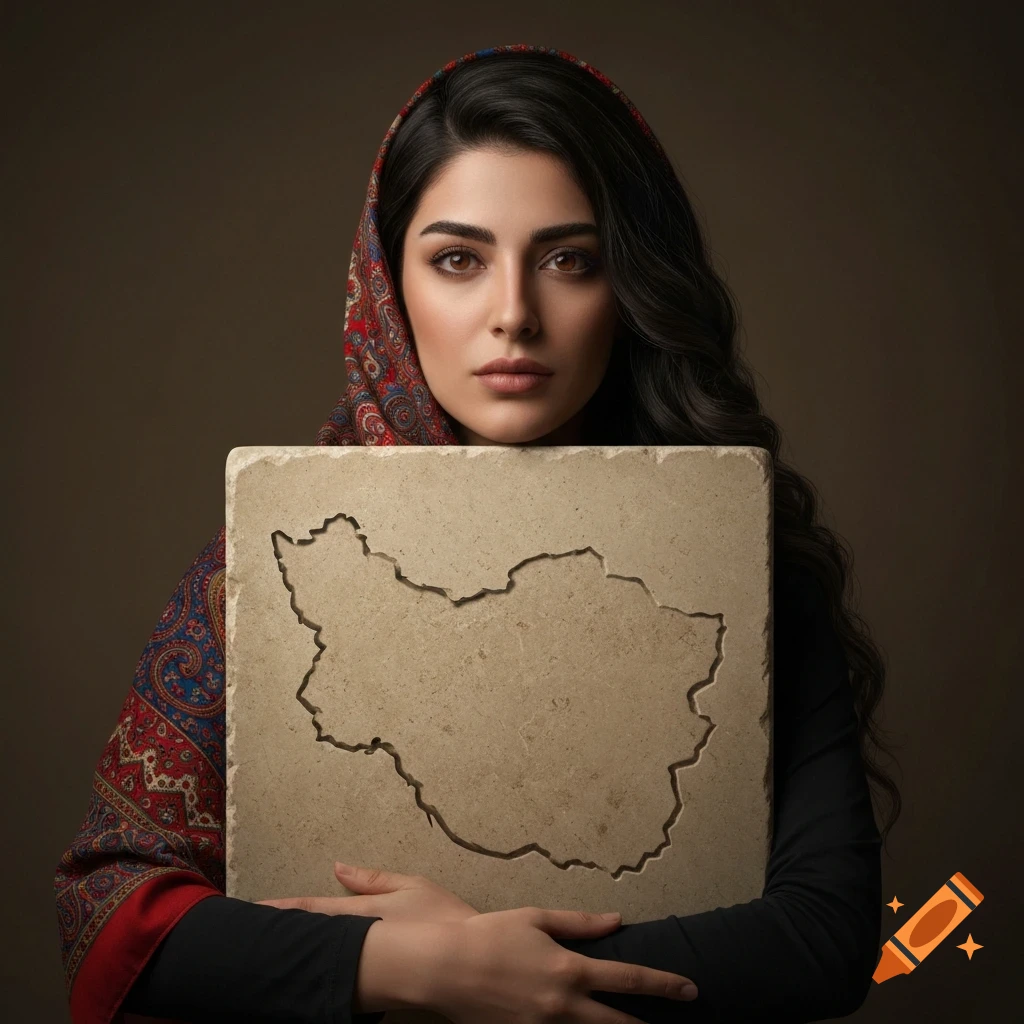 Photorealistic portrait of a serious Persian woman in a patterned headscarf holding a stone tablet carved with the map of Iran.