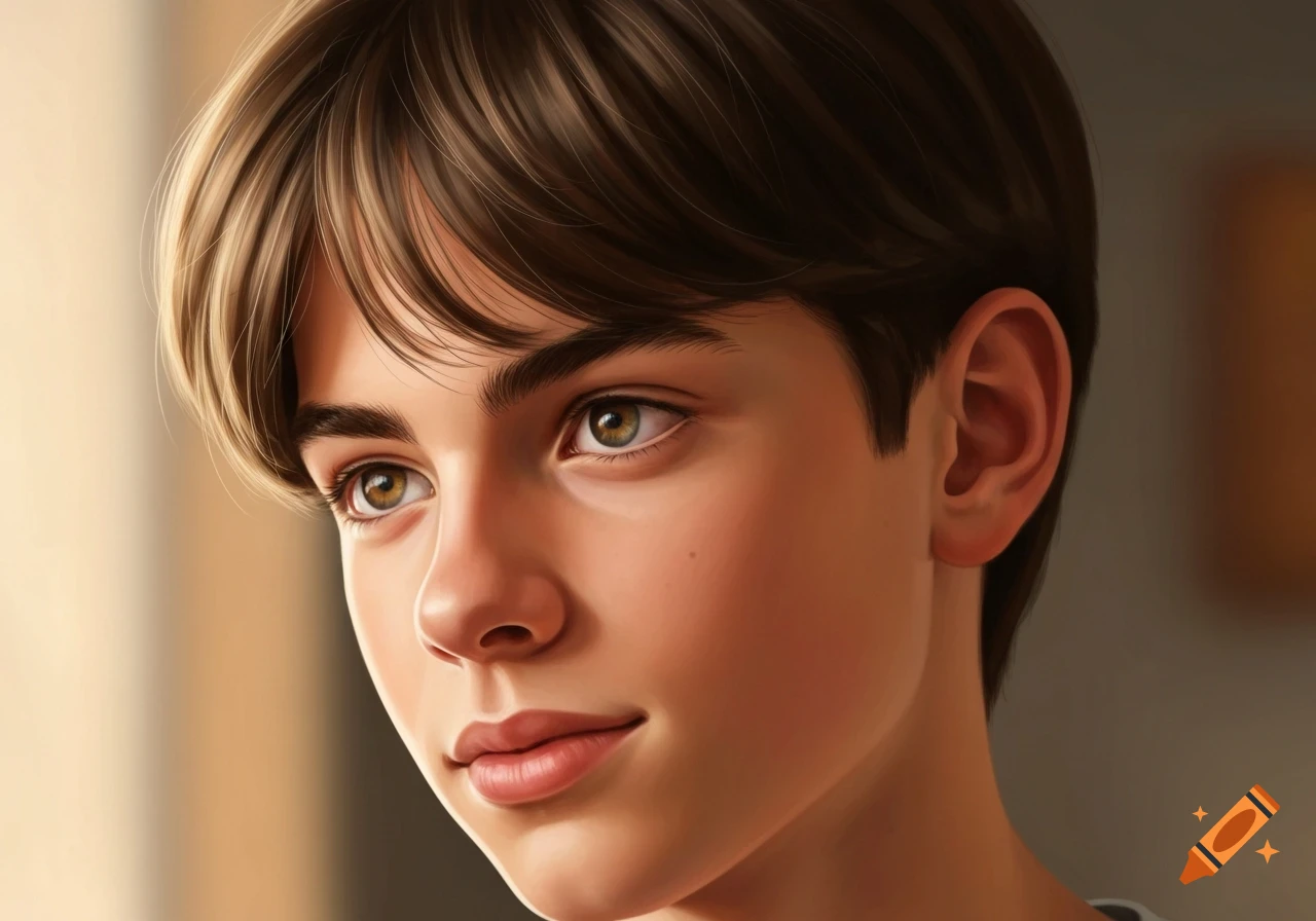 Close-up digital painting of a young male with brown hair and light eyes, looking softly to the right.