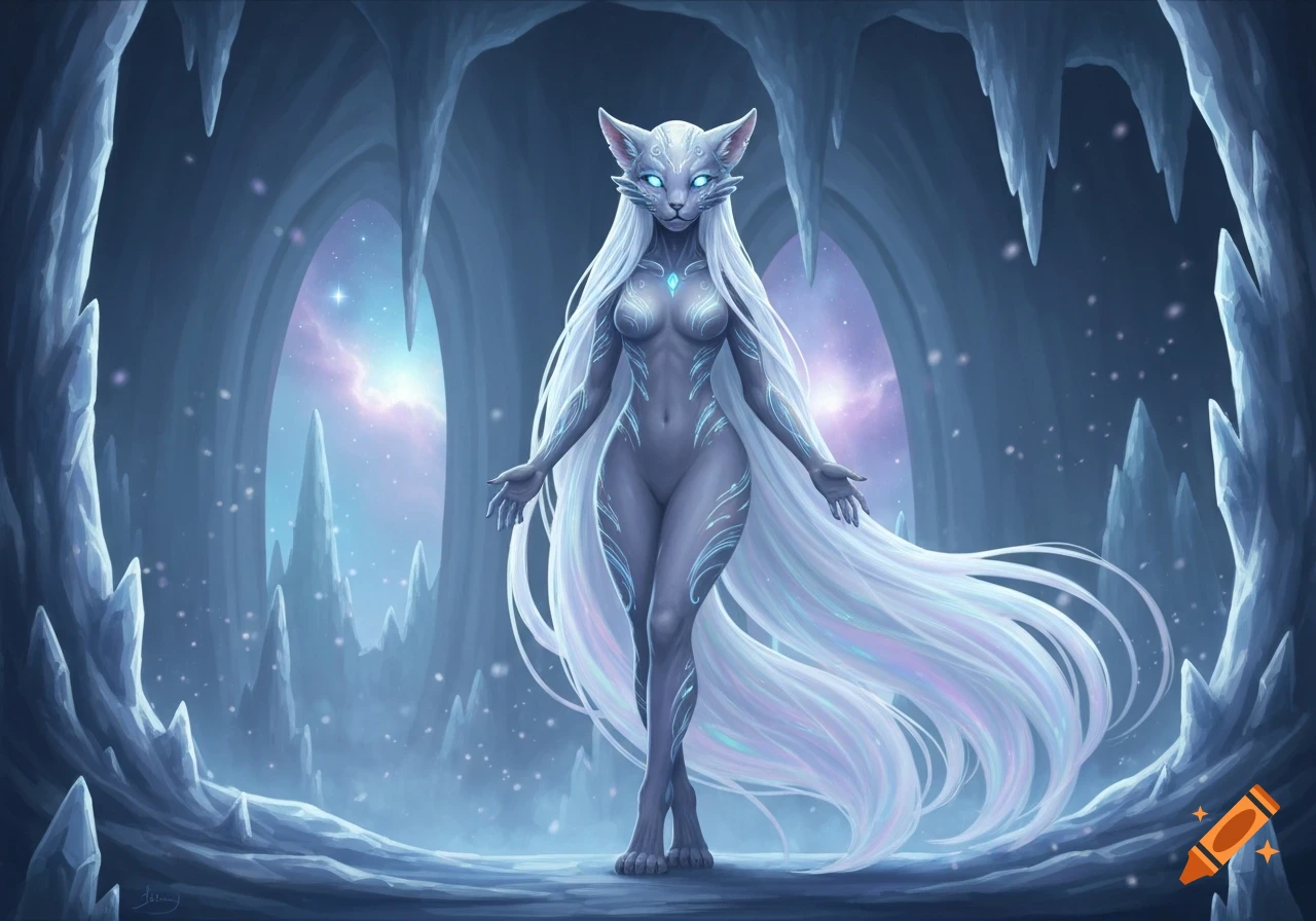 A bipedal feline creature with white hair and glowing patterns stands nude in an ice cave with a nebula sky.
