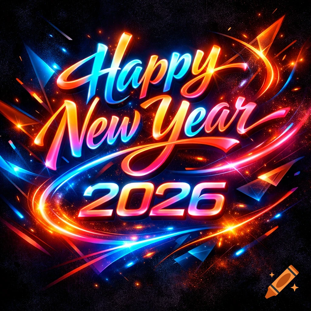 Vibrant, glowing 'Happy New Year 2026' text with colorful light trails and abstract sparkling elements on a dark background.
