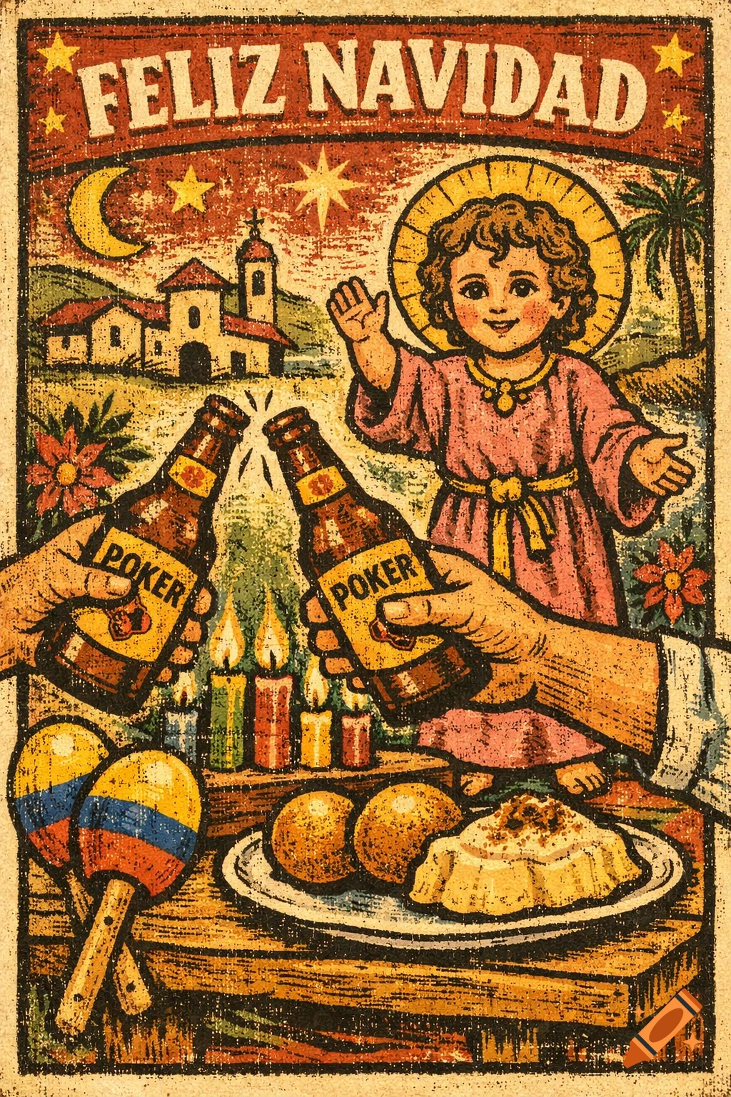 A vintage folk art Christmas illustration with Child Jesus, hands toasting beer, traditional Colombian food, candles, and Colombian flag maracas, with text FELIZ NAVIDAD.