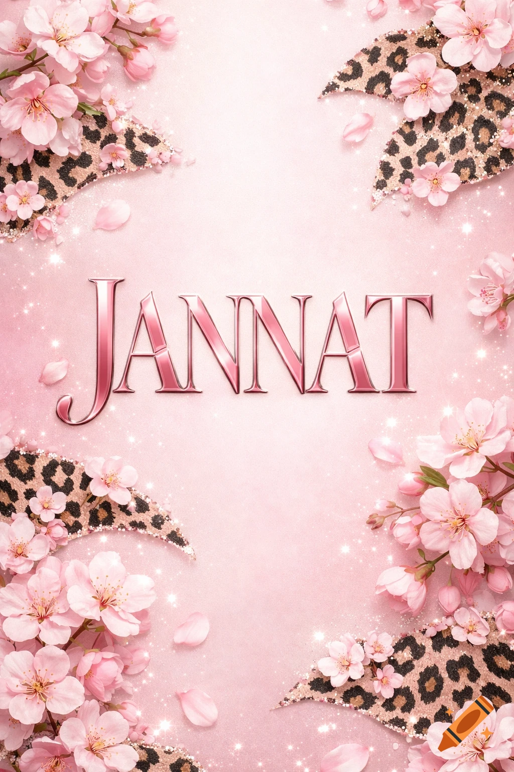 Pink aesthetic background with sparkling glitter, framed by pink cherry blossoms and leopard print, featuring the name JANNAT in shiny pink letters.