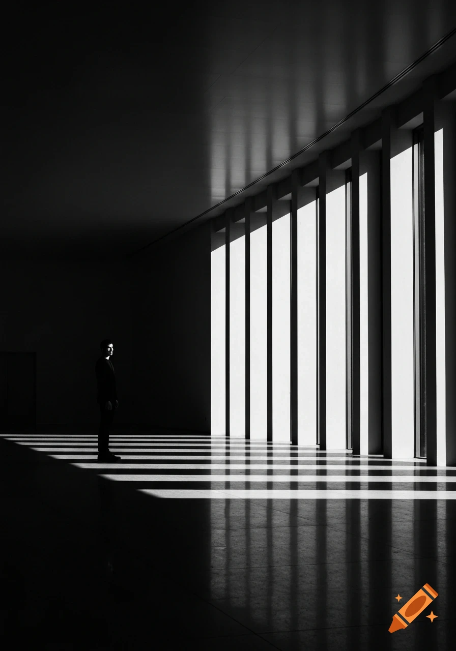 Black-and-white photo of a solitary figure in a minimalist room with tall windows casting dramatic light and shadow stripes on the floor.
