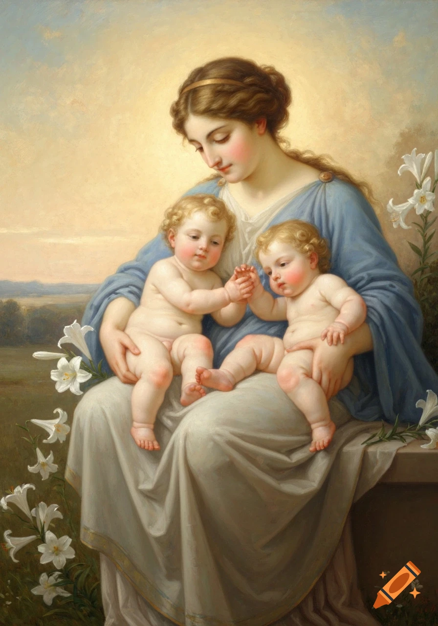 Classical painting of Leto holding baby Apollo and Artemis, surrounded by lilies in a landscape.