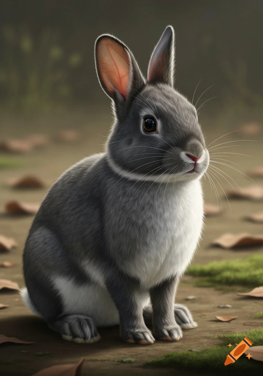 A photorealistic dark grey rabbit with a white belly sits on a dirt path with scattered autumn leaves.