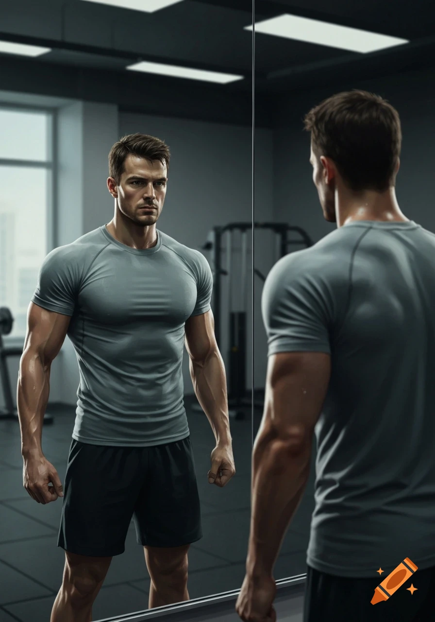 A muscular man in a grey t-shirt and black shorts looks at his reflection in a gym mirror, ready for training.
