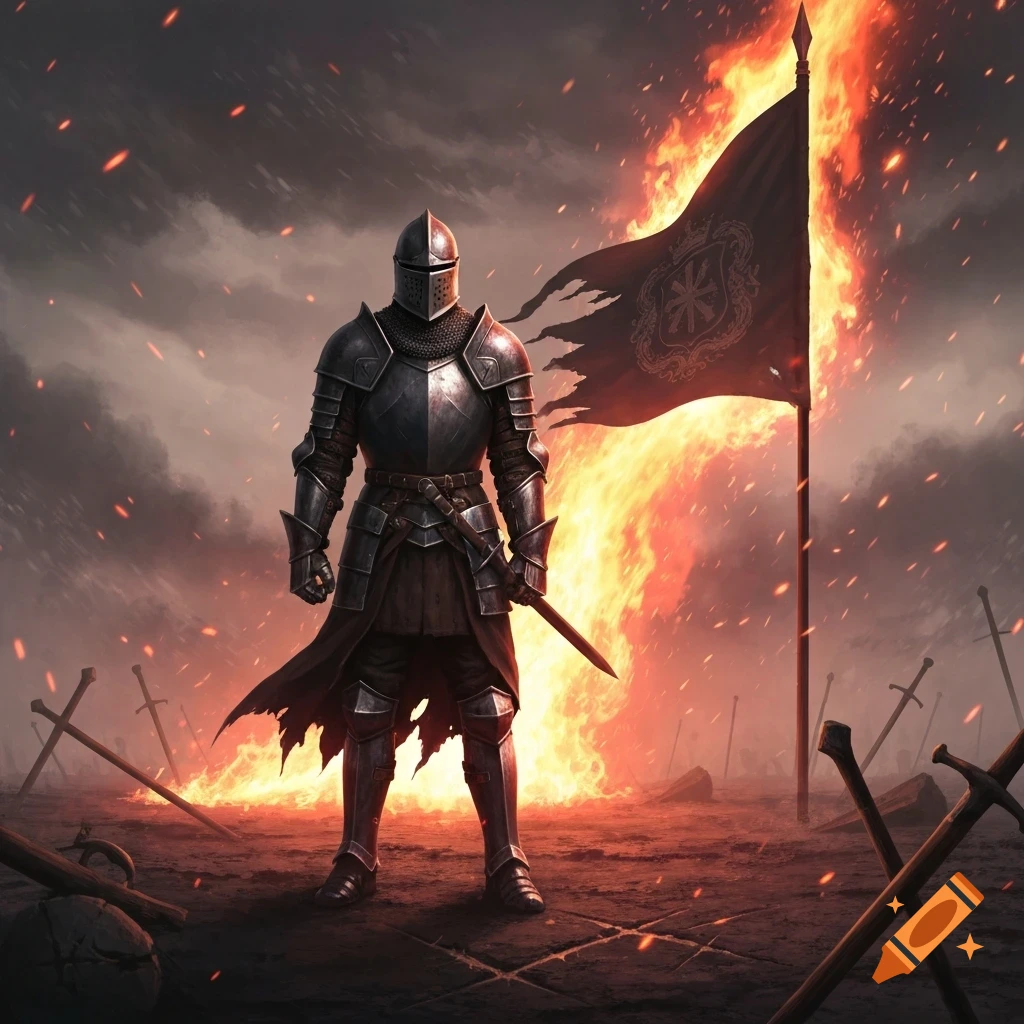 A knight in dark armor stands defiantly on a fiery battlefield holding a sword, with a burning flag and scattered swords.