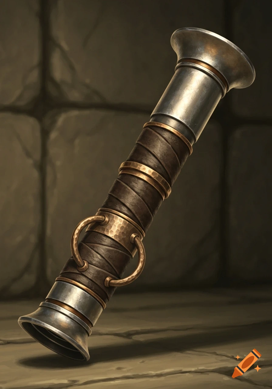 A detailed, ancient lightsaber hilt made of dull metal, dark leather wrapping, and hammered bronze rings, set against a stone wall background.