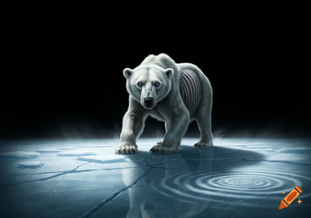 An emaciated polar bear with blue eyes walks across cracked ice against a dark background, looking forward.