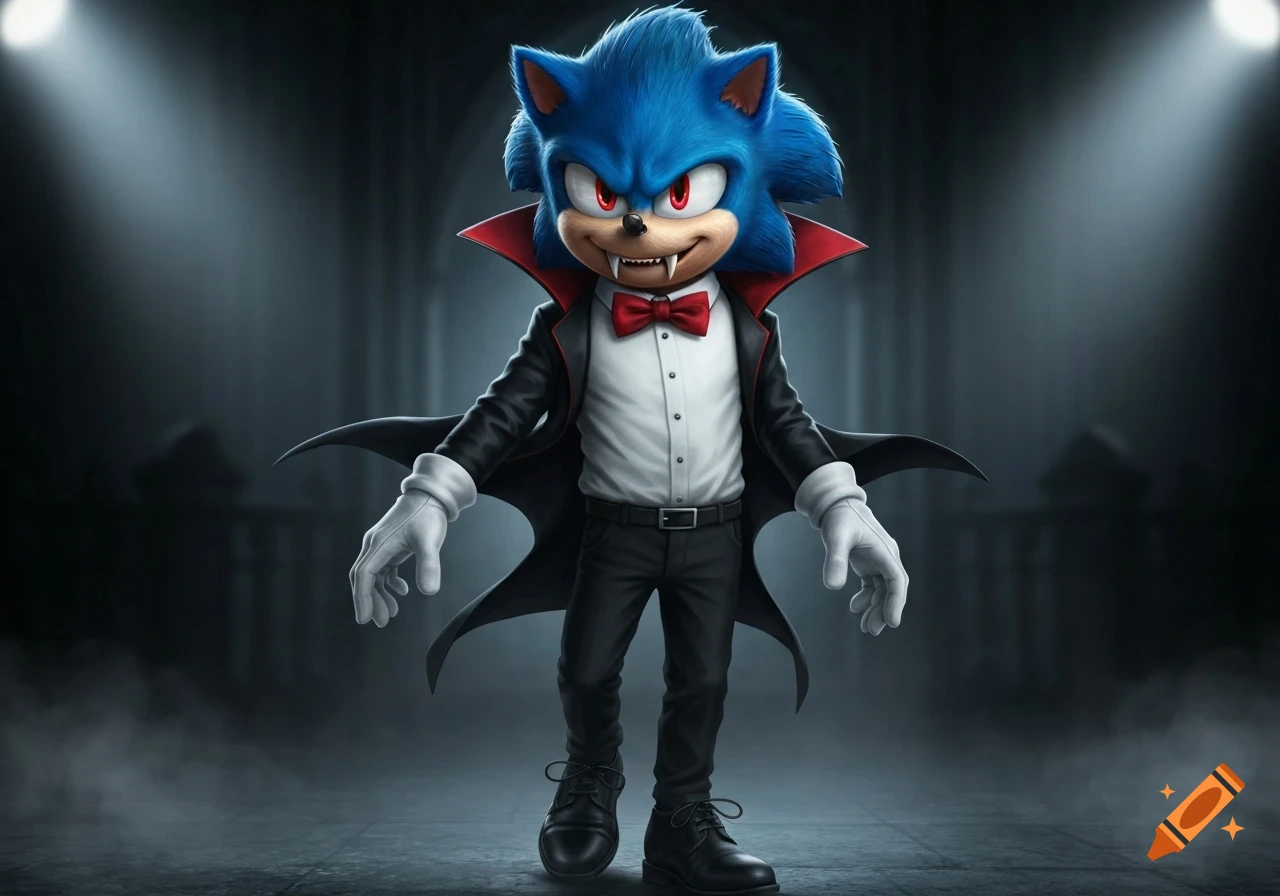 Sonic the Hedgehog from the movie, dressed in a vampire costume with fangs, red bow tie, and black cape.
