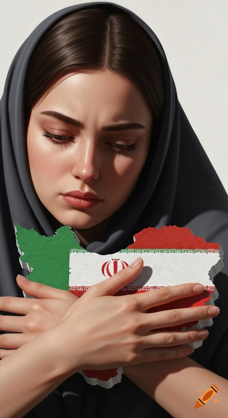 A sad woman in a grey hijab holds a 3D map of Iran, depicted with its flag colors. Photorealistic digital art.