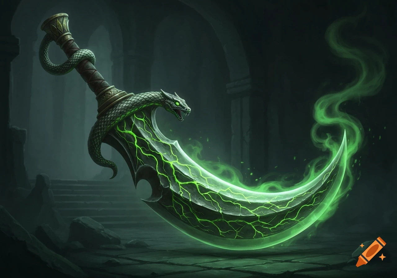 A highly detailed fantasy artwork of a curved dagger with a serpent hilt, glowing green veins, and emanating green mist in a dark setting.