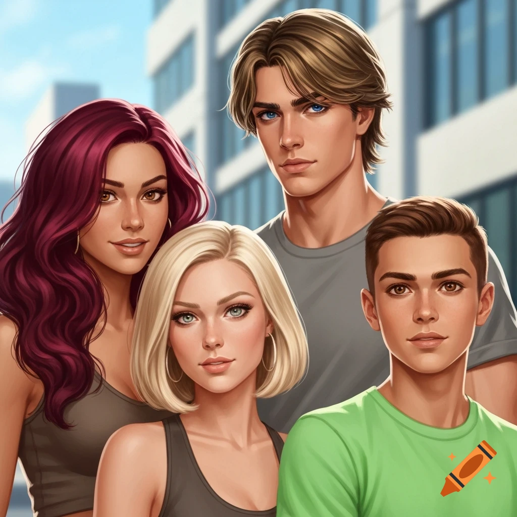 Digital illustration of two women and two men with varied hair colors and eye colors, standing outdoors in front of a building.