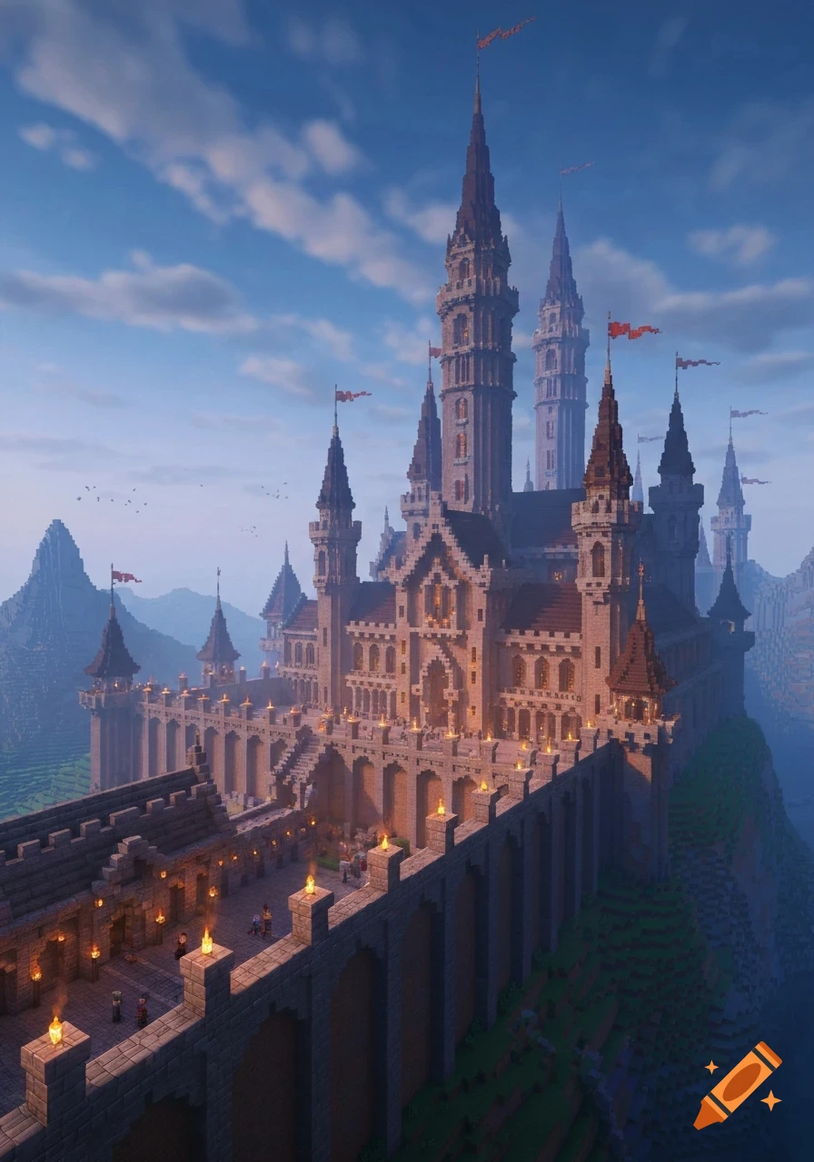 Grand blocky Minecraft castle with spires, flags, and illuminated courtyards, set on a misty mountain.