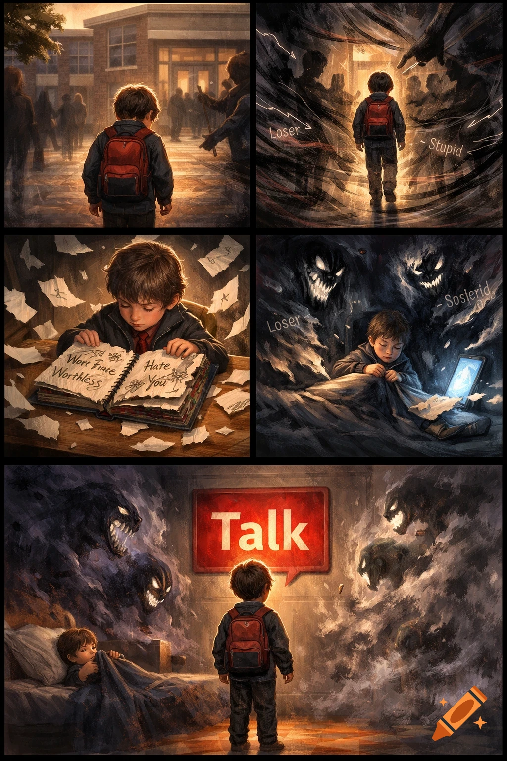 A multi-panel illustration showing a boy experiencing bullying, writing negative words, being surrounded by monster-like shadows, and finally facing a 'Talk' button.